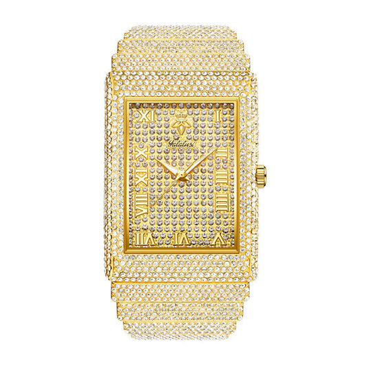 SOLLEN LX1082G Live Edition Men's Square Iced-Out Hip-Hop Quartz Watch - 54x40mm Full Crystal Case Roman Numeral Dial 36mm Wide Metal Band Wristwatch