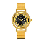 LX1112 Live Edition Men's Fluted Bezel Calendar Quartz Watch - 35mm Gold Case Greek Key Ring 3H Date Window Mesh Link Band Wristwatch