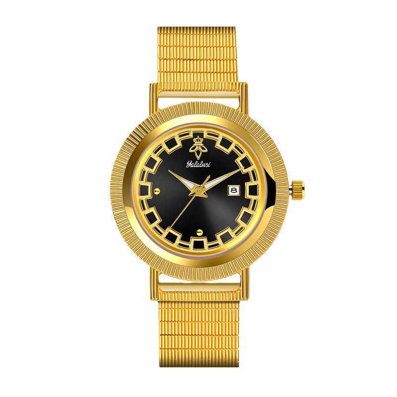 LX1112 Live Edition Men's Fluted Bezel Calendar Quartz Watch - 35mm Gold Case Greek Key Ring 3H Date Window Mesh Link Band Wristwatch