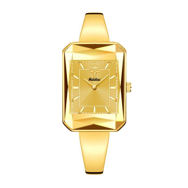 LX8003 Live Edition Women's Faceted Prism Bezel Quartz Watch - 40x28.5mm Gold Case Sunburst Dial Diamond Film Glass Slim Bangle Bracelet Wristwatch