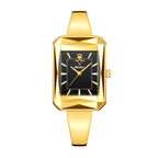 LX8003 Live Edition Women's Faceted Prism Bezel Quartz Watch - 40x28.5mm Gold Case Sunburst Dial Diamond Film Glass Slim Bangle Bracelet Wristwatch