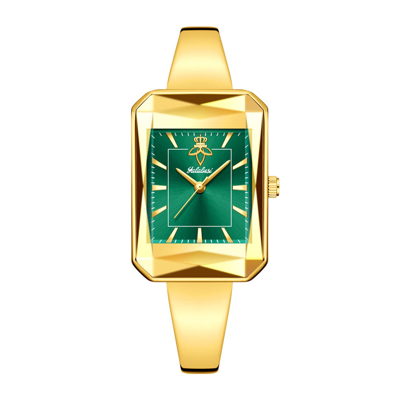 LX8003 Live Edition Women's Faceted Prism Bezel Quartz Watch - 40x28.5mm Gold Case Sunburst Dial Diamond Film Glass Slim Bangle Bracelet Wristwatch