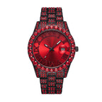 MF2643C Live Edition Men's Iced-Out Gemstone Bezel Quartz Watch - 42mm Black Case Sunburst Dial Cyclops Date Pave Crystal Link Metal Band Wristwatch