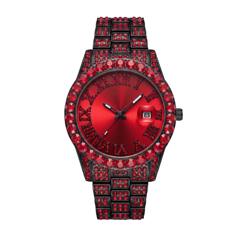 MF2643C Live Edition Men's Iced-Out Gemstone Bezel Quartz Watch - 42mm Black Case Sunburst Dial Cyclops Date Pave Crystal Link Metal Band Wristwatch