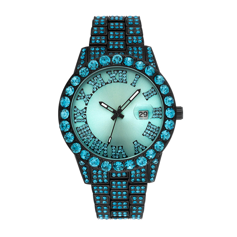 MF2643C Live Edition Men's Iced-Out Gemstone Bezel Quartz Watch - 42mm Black Case Sunburst Dial Cyclops Date Pave Crystal Link Metal Band Wristwatch