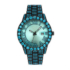 MF2643C Live Edition Men's Iced-Out Gemstone Bezel Quartz Watch - 42mm Black Case Sunburst Dial Cyclops Date Pave Crystal Link Metal Band Wristwatch