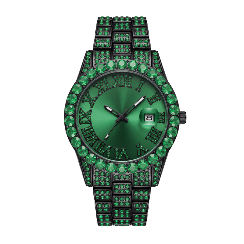 MF2643C Live Edition Men's Iced-Out Gemstone Bezel Quartz Watch - 42mm Black Case Sunburst Dial Cyclops Date Pave Crystal Link Metal Band Wristwatch