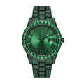 MF2643C Live Edition Men's Iced-Out Gemstone Bezel Quartz Watch - 42mm Black Case Sunburst Dial Cyclops Date Pave Crystal Link Metal Band Wristwatch