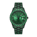 MF2643C Live Edition Men's Iced-Out Gemstone Bezel Quartz Watch - 42mm Black Case Sunburst Dial Cyclops Date Pave Crystal Link Metal Band Wristwatch