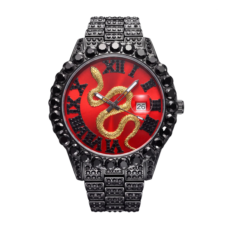 MF2643S Live Edition Men's Fully Iced Out Golden Serpent Quartz Watch - 42mm Case Gem Bezel Crimson Red Snake Dial Cyclops Date Metal Band Wristwatch