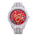 MF2643S Live Edition Men's Fully Iced Out Golden Serpent Quartz Watch - 42mm Case Gem Bezel Crimson Red Snake Dial Cyclops Date Metal Band Wristwatch