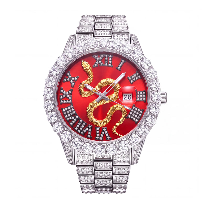 MF2643S Live Edition Men's Fully Iced Out Golden Serpent Quartz Watch - 42mm Case Gem Bezel Crimson Red Snake Dial Cyclops Date Metal Band Wristwatch