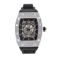 MFV312 Live Edition Men's Fully Iced Out Tonneau Quartz Watch - 42x52mm Silver Case Skeleton Date Ring Dial 6H Date Window Silicone Strap Wristwatch