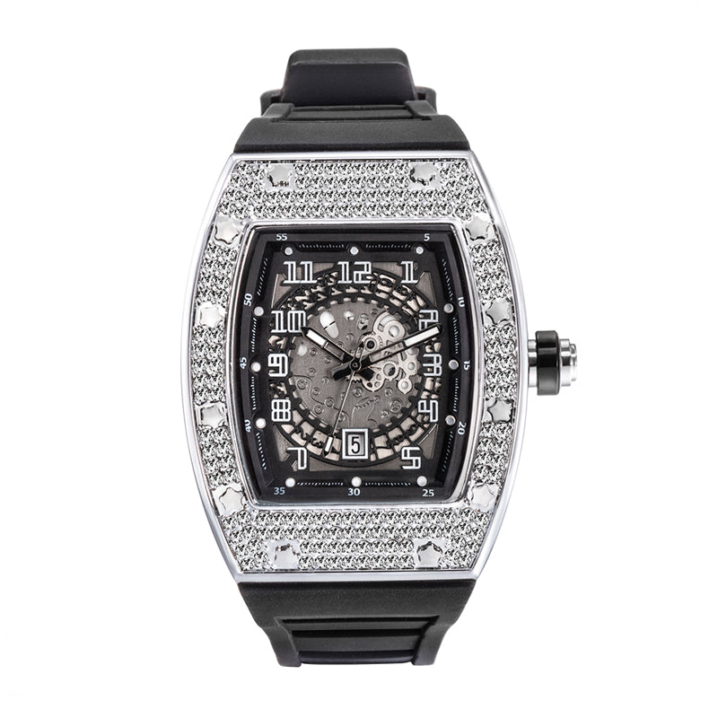 MFV312 Live Edition Men's Fully Iced Out Tonneau Quartz Watch - 42x52mm Silver Case Skeleton Date Ring Dial 6H Date Window Silicone Strap Wristwatch
