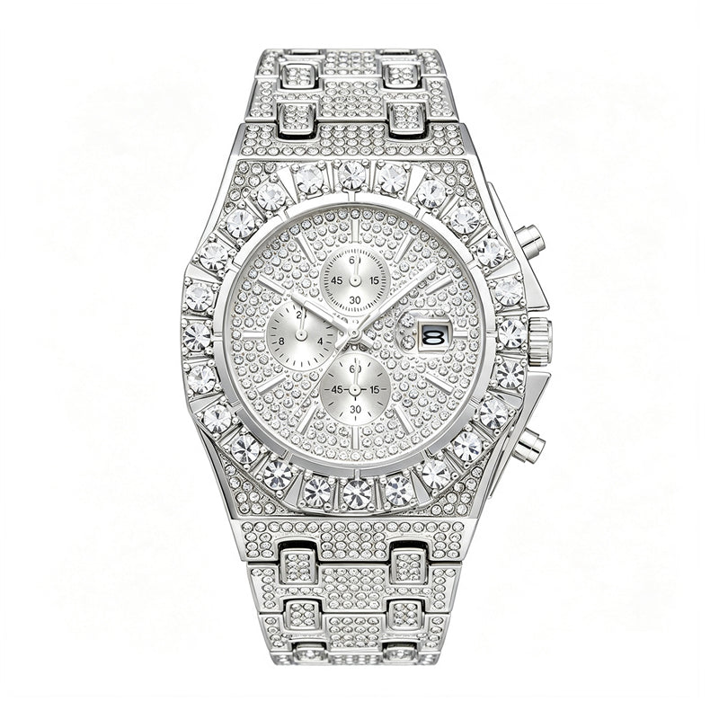 MFV366 Live Edition Men's Fully Iced Out Octagonal Quartz Watch - 46mm Case Gem Bezel Decorative Subdials Pave Diamond Dial 3H Date Metal Band Wristwatch