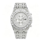 MFV366 Live Edition Men's Fully Iced Out Octagonal Quartz Watch - 46mm Case Gem Bezel Decorative Subdials Pave Diamond Dial 3H Date Metal Band Wristwatch