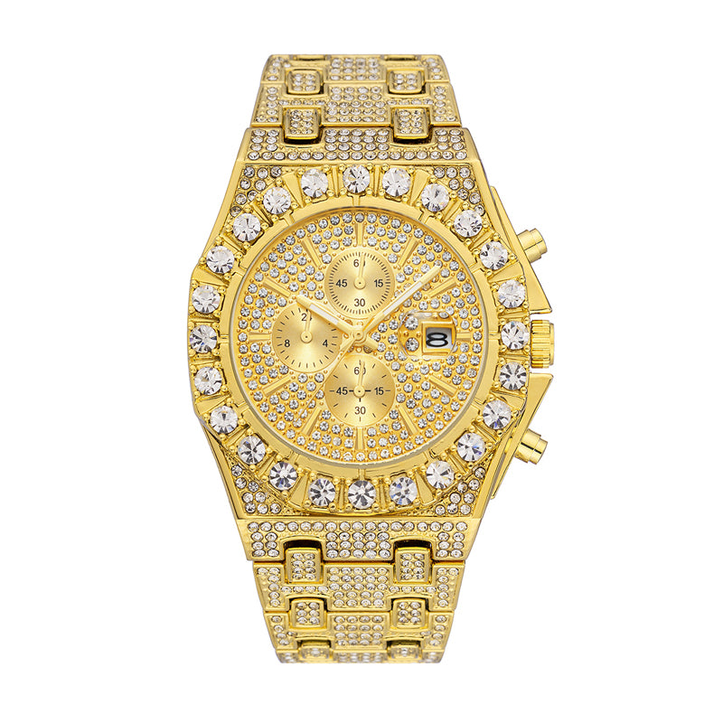 MFV366 Live Edition Men's Fully Iced Out Octagonal Quartz Watch - 46mm Case Gem Bezel Decorative Subdials Pave Diamond Dial 3H Date Metal Band Wristwatch