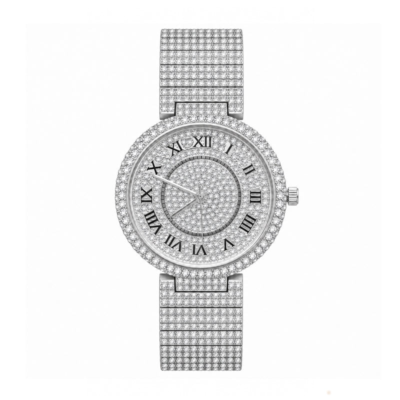 MISSFOX V377L Live Edition Men's Fully Iced Out Quartz Watch - 44mm Case Roman Numerals Pave Diamond Dial Coated Glass Metal Band Wristwatch