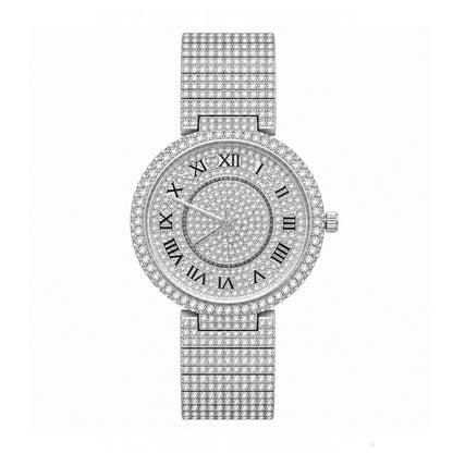 MISSFOX V377L Live Edition Men's Fully Iced Out Quartz Watch - 44mm Case Roman Numerals Pave Diamond Dial Coated Glass Metal Band Wristwatch