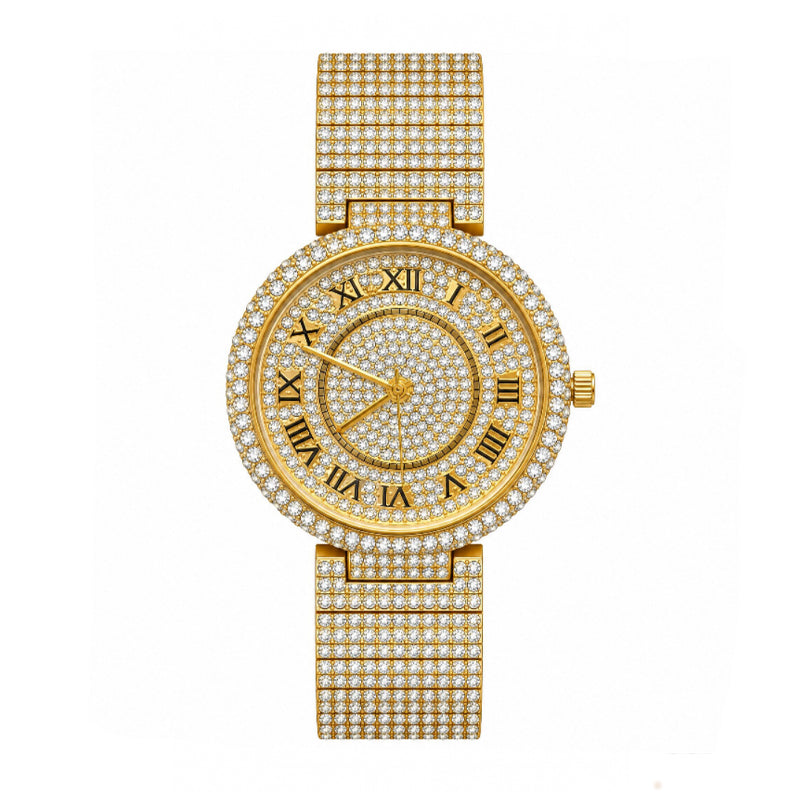 MISSFOX V377L Live Edition Men's Fully Iced Out Quartz Watch - 44mm Case Roman Numerals Pave Diamond Dial Coated Glass Metal Band Wristwatch