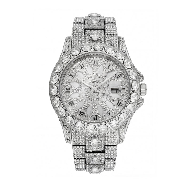 MISSFOX V380L Live Edition Men's Iced Out Watch - Luxury Large Crystal Bezel Pave Roman Numerals Dial Date Window Metal Band Hiphop Wristwatch