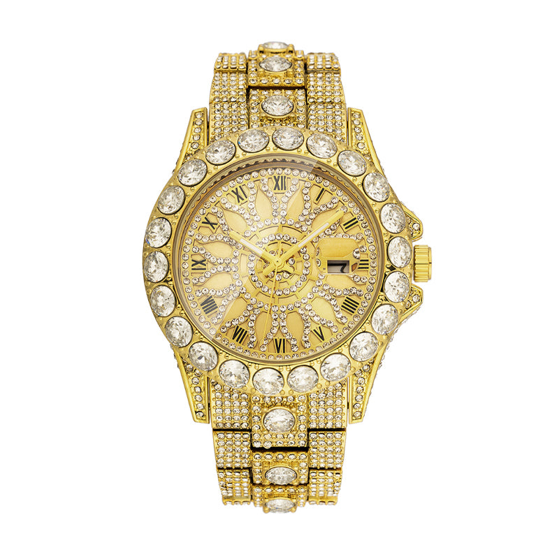MISSFOX V380L Live Edition Men's Iced Out Watch - Luxury Large Crystal Bezel Pave Roman Numerals Dial Date Window Metal Band Hiphop Wristwatch