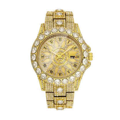 MISSFOX V380L Live Edition Men's Iced Out Watch - Luxury Large Crystal Bezel Pave Roman Numerals Dial Date Window Metal Band Hiphop Wristwatch