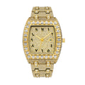 MISSFOX V386 Live Edition Men's Iced Out Watch - Luxury Large Crystal Bezel Tonneau Case Arabic Numerals Pave Gold Dial Date Window Metal Band Hiphop Wristwatch