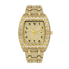MISSFOX V386 Live Edition Men's Iced Out Watch - Luxury Large Crystal Bezel Tonneau Case Arabic Numerals Pave Gold Dial Date Window Metal Band Hiphop Wristwatch