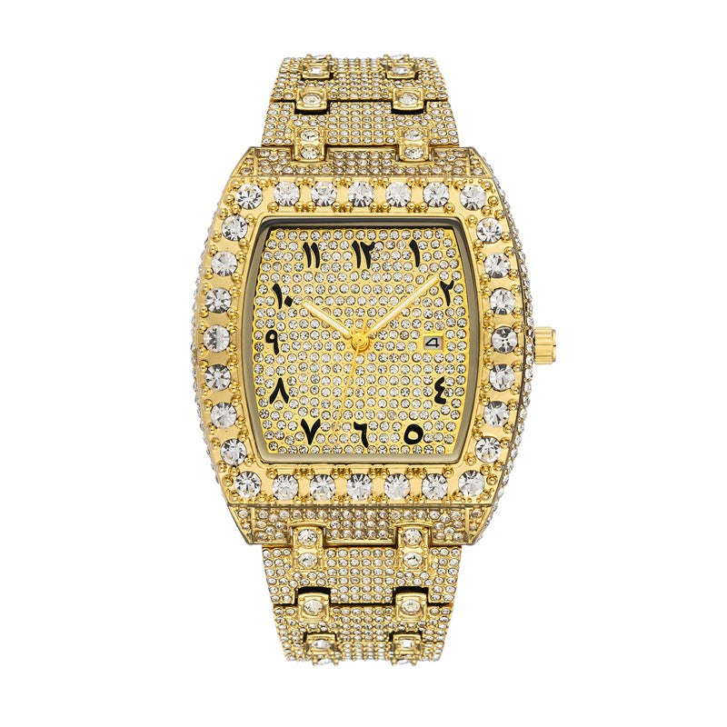 MISSFOX V386 Live Edition Men's Iced Out Watch - Luxury Large Crystal Bezel Tonneau Case Arabic Numerals Pave Gold Dial Date Window Metal Band Hiphop Wristwatch
