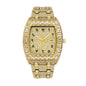 MISSFOX V386 Live Edition Men's Iced Out Watch - Luxury Large Crystal Bezel Tonneau Case Arabic Numerals Pave Gold Dial Date Window Metal Band Hiphop Wristwatch
