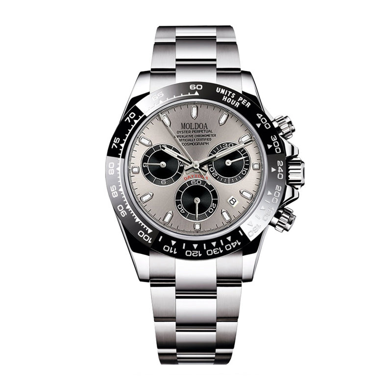 MOLDOA MLDA59 Live Edition Men's Tachymeter Bezel Chronograph Quartz Watch - 45mm Case Triple Subdial 4:30 Date Window Metal Band Wristwatch