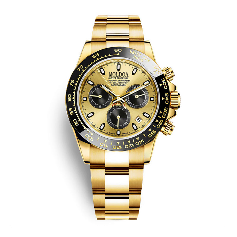 MOLDOA MLDA59 Live Edition Men's Tachymeter Bezel Chronograph Quartz Watch - 45mm Case Triple Subdial 4:30 Date Window Metal Band Wristwatch