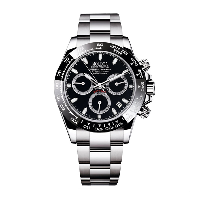 MOLDOA MLDA59 Live Edition Men's Tachymeter Bezel Chronograph Quartz Watch - 45mm Case Triple Subdial 4:30 Date Window Metal Band Wristwatch