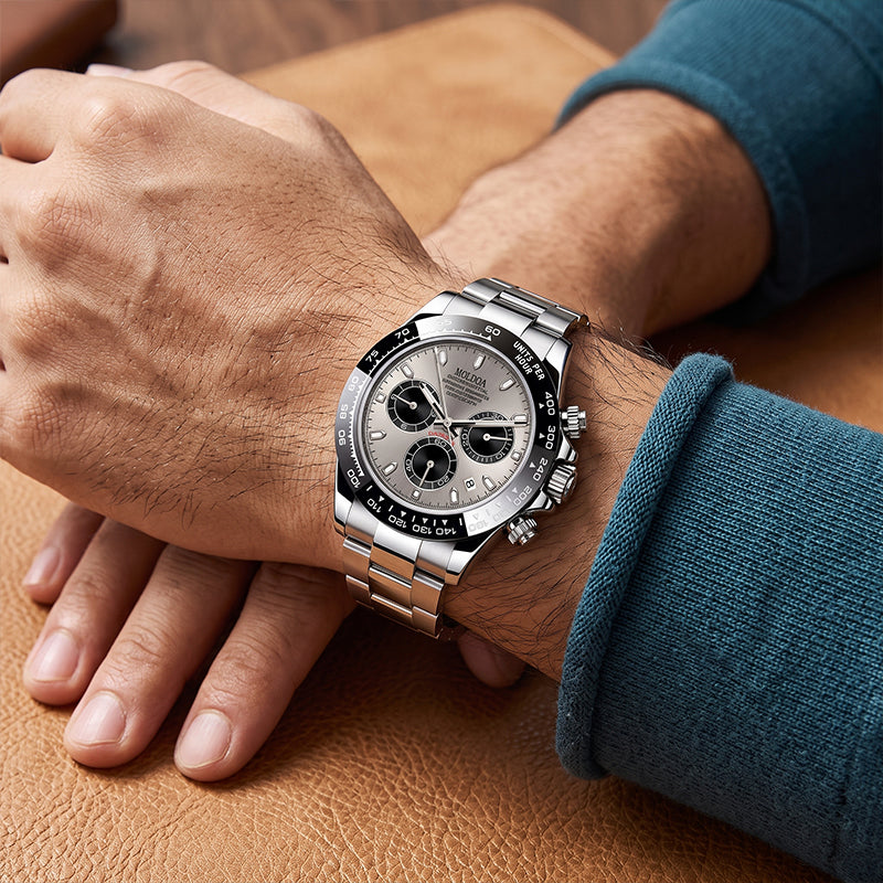 MOLDOA MLDA59 Live Edition Men's Tachymeter Bezel Chronograph Quartz Watch - 45mm Case Triple Subdial 4:30 Date Window Metal Band Wristwatch