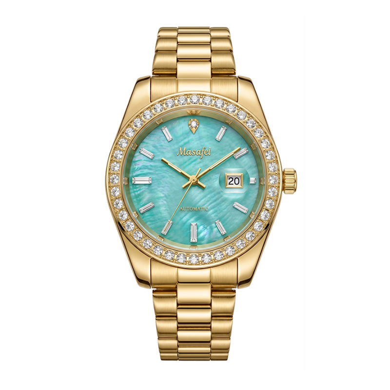 Masafei MSF86101 Live Edition Unisex Luxury Classic Quartz Watch - 40mm Gold Case Green Mother-of-Pearl Dial Crystal Bezel 3H Date Cyclops Lens Wristwatch