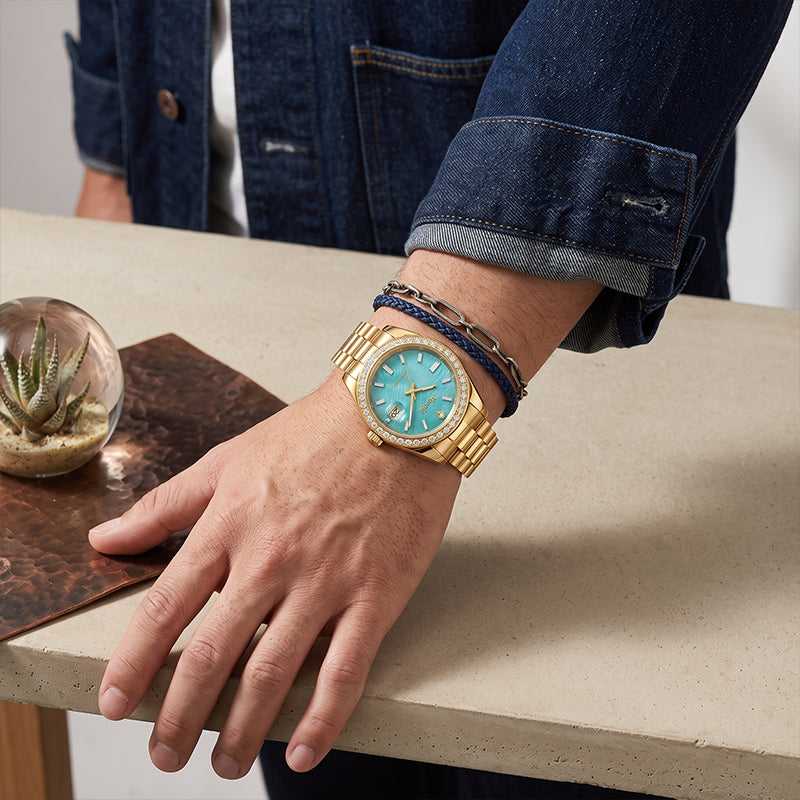 Masafei MSF86101 Live Edition Unisex Luxury Classic Quartz Watch - 40mm Gold Case Green Mother-of-Pearl Dial Crystal Bezel 3H Date Cyclops Lens Wristwatch