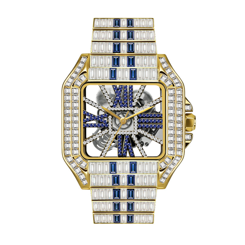 PRECIOUS 8208 Live Edition Men's Iced Out Watch - Luxury Baguette Crystals Encrusted Square Case Fully Skeleton See Through Dial Metal Band Hiphop Wristwatch