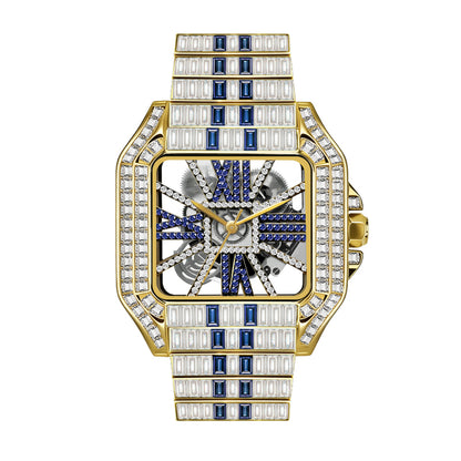 PRECIOUS 8208 Live Edition Men's Iced Out Watch - Luxury Baguette Crystals Encrusted Square Case Fully Skeleton See Through Dial Metal Band Hiphop Wristwatch