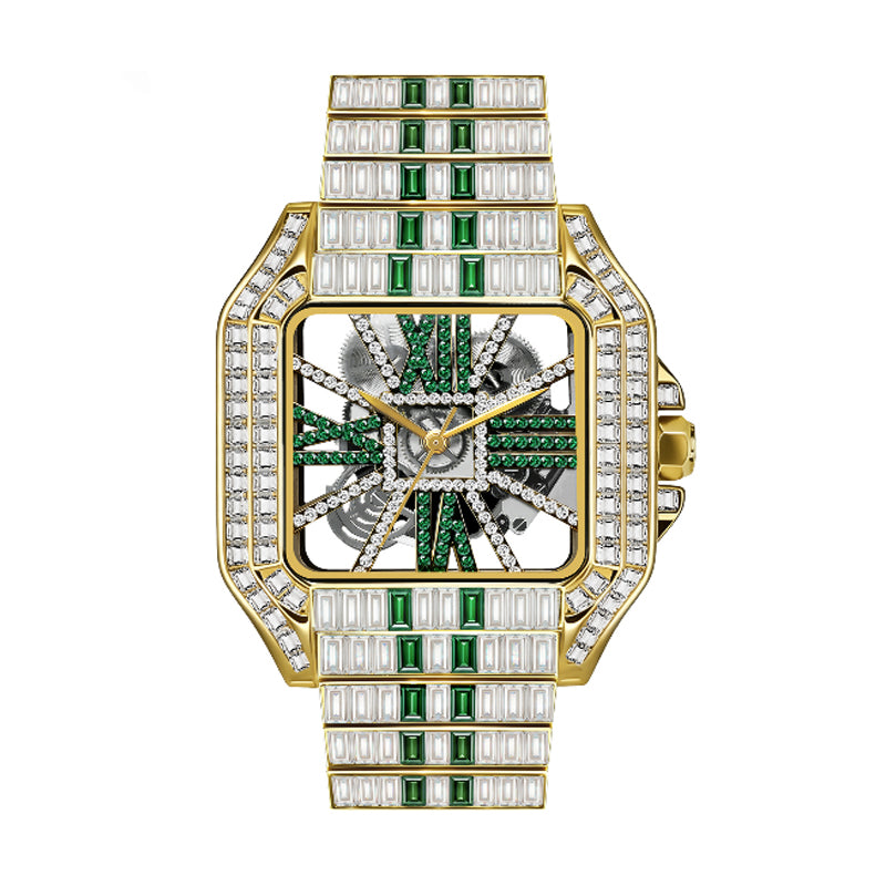 PRECIOUS 8208 Live Edition Men's Iced Out Watch - Luxury Baguette Crystals Encrusted Square Case Fully Skeleton See Through Dial Metal Band Hiphop Wristwatch