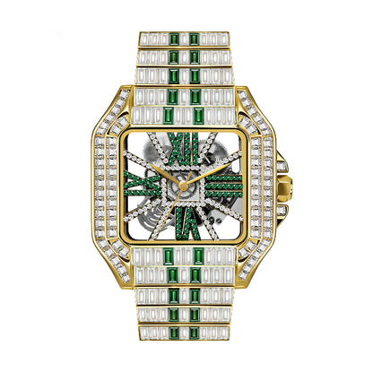 PRECIOUS 8208 Live Edition Men's Iced Out Watch - Luxury Baguette Crystals Encrusted Square Case Fully Skeleton See Through Dial Metal Band Hiphop Wristwatch
