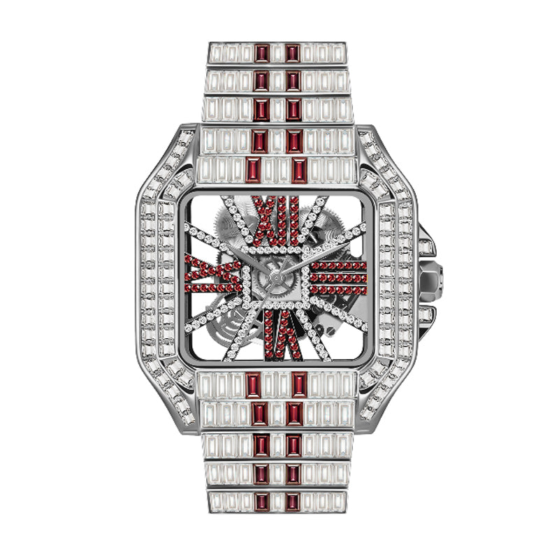 PRECIOUS 8208 Live Edition Men's Iced Out Watch - Luxury Baguette Crystals Encrusted Square Case Fully Skeleton See Through Dial Metal Band Hiphop Wristwatch