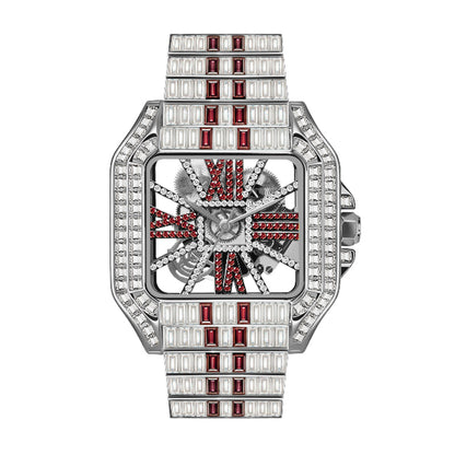 PRECIOUS 8208 Live Edition Men's Iced Out Watch - Luxury Baguette Crystals Encrusted Square Case Fully Skeleton See Through Dial Metal Band Hiphop Wristwatch