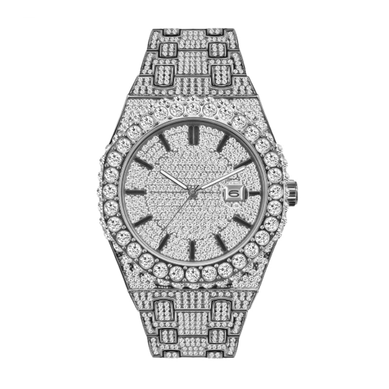 PRECIOUS 8243 Live Edition Men's Iced Out Watch - Luxury Large Crystal Bezel Pave Dial Date Window Metal Band Hiphop Sport Wristwatch
