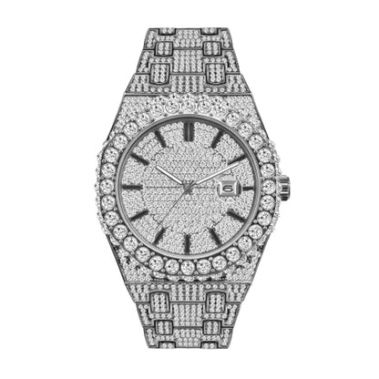 PRECIOUS 8243 Live Edition Men's Iced Out Watch - Luxury Large Crystal Bezel Pave Dial Date Window Metal Band Hiphop Sport Wristwatch