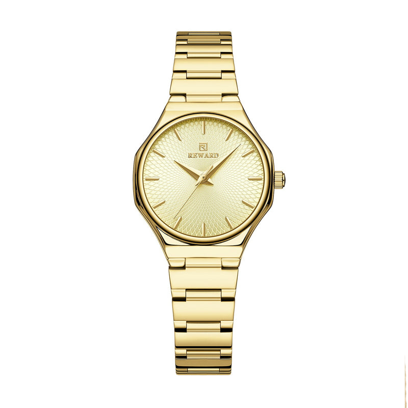 REWARD RD 213032L Quartz Watch - Live Edition Women's Elegant 28mm Full IPG Gold Stainless Steel Band Luminous Hands Sunburst Radial Dial Wristwatch