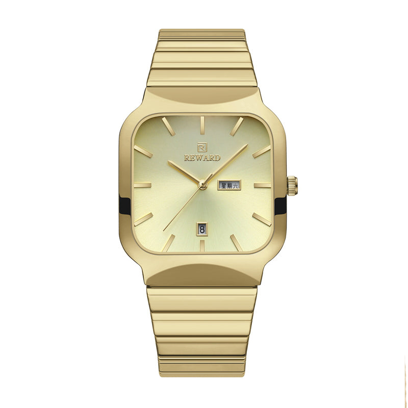 REWARD RD 611264M Quartz Watch - Live Edition Men's Retro TV-Shaped Full IPG Gold Stainless Steel Band Separated Day-Date Sunburst Dial Wristwatch