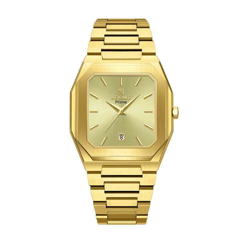 REWARD RD 613151M Quartz Watch - Live Edition Men's Retro Square Case Full IPG Gold Stainless Steel Band Ultra-Slim 8.5mm Body Luminous Hands 6H Date Sunburst Dial Wristwatch