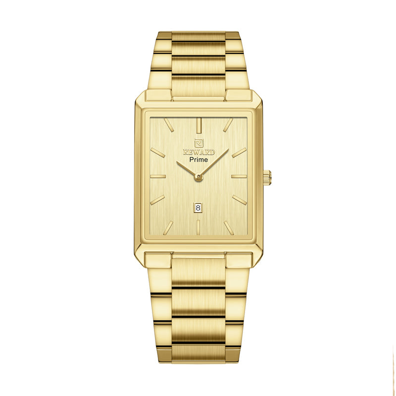 REWARD RD 613568M Quartz Watch - Live Edition Men's Classic Square Full IPG Gold Stainless Steel Band Ultra-Slim 8.5mm Case 6H Date Brushed Dial Wristwatch