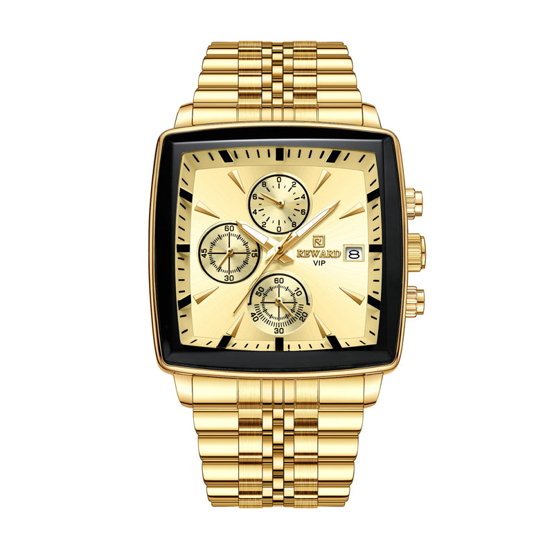 REWARD RD 81100M Quartz Watch - Live Edition Men's Luxury Rectangular Cushion Case Full Chronograph Luminous Hands Date Window Stainless Steel Band Wristwatch